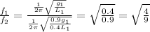 \frac{f_1}{f_2}=\frac{\frac{1}{2\pi}\sqrt{\frac{g_1}{L_1}}}{\frac{1}{2\pi} \sqrt{\frac{0.9 g_1}{0.4 L_1}}}=\sqrt{\frac{0.4}{0.9}}=\sqrt{\frac{4}{9}}