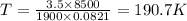 T=\frac{3.5\times 8500}{1900\times 0.0821}=190.7K