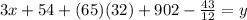 3x+54+(65)(32)+902-\frac{43}{12}=y