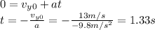 0=v_{y0}+at\\t=-\frac{v_{y0}}{a}=-\frac{13 m/s}{-9.8 m/s^2}=1.33 s