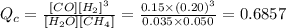 Q_{c}=\frac{[CO][H_2]^3}{[H_2O][CH_4]}=\frac{0.15\times (0.20)^3}{0.035\times 0.050}=0.6857