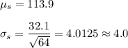 \mu_s=113.9\\\\\sigma_s=\dfrac{32.1}{\sqrt{64}}=4.0125\approx4.0