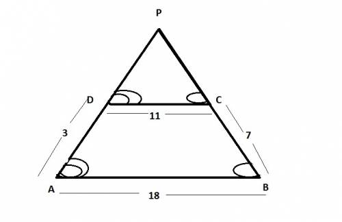 In a trapezoid the lengths of bases are 11 and 18. the lengths of legs are 3 and 7. the extensions o