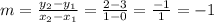 m=\frac{y_2-y_1}{x_2-x_1}=\frac{2-3}{1-0}=\frac{-1}{1}=-1