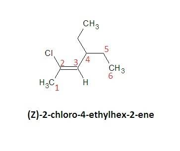 Draw an acceptable structure for (z)-2-chloro-4-ethylhex-2-ene.