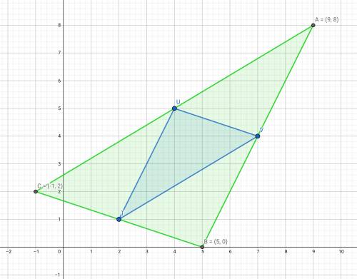 The points t(2, 1), u(4, 5), and v(7, 4) are the midpoints of the sides of triangle abc. graph the t