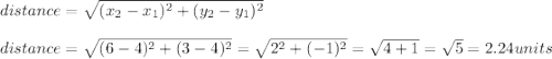 distance=\sqrt{(x_2-x_1)^{2} +(y_2-y_1)^{2}}\\\\distance=\sqrt{(6-4)^{2} +(3-4)^{2}}=\sqrt{2^{2} +(-1)^{2} }=\sqrt{4+1}=\sqrt{5}=2.24units