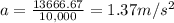 a = \frac{13666.67}{10,000} = 1.37 m/s^2