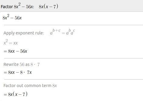 Find the solution(s) to 8x^2 - 56x = 0. check all that apply.  a. x= 7  b. x= 0  c. x= -6 d. x= 6  e