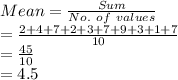 Mean = \frac{Sum}{No.\ of\ values}\\ = \frac{2+4+7+2+3+7+9+3+1+7}{10}\\ = \frac{45}{10}\\ = 4.5