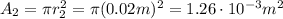 A_2 = \pi r_2^2 = \pi (0.02 m)^2 =1.26\cdot 10^{-3}m^2