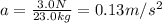 a=\frac{3.0 N}{23.0 kg}=0.13 m/s^2