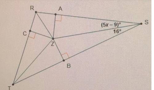 Point z is the incenter of triangle rst. what is the value of x?  x = 2 x = 3 x = 5 x = 8