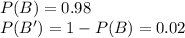 P (B) = 0.98\\P (B ') = 1-P (B) = 0.02