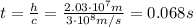t=\frac{h}{c}=\frac{2.03\cdot 10^7 m}{3\cdot 10^8 m/s}=0.068 s