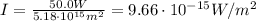I=\frac{50.0 W}{5.18\cdot 10^{15}m^2}=9.66\cdot 10^{-15} W/m^2