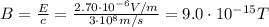 B=\frac{E}{c}=\frac{2.70\cdot 10^{-6} V/m}{3\cdot 10^8 m/s}=9.0\cdot 10^{-15}T