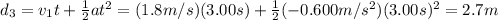 d_3 = v_1 t + \frac{1}{2}at^2=(1.8 m/s)(3.00 s) + \frac{1}{2}(-0.600 m/s^2)(3.00 s)^2=2.7 m