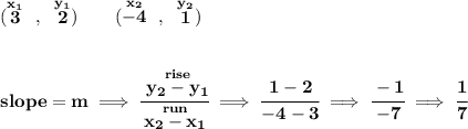\bf (\stackrel{x_1}{3}~,~\stackrel{y_1}{2})\qquad (\stackrel{x_2}{-4}~,~\stackrel{y_2}{1}) \\\\\\ slope = m\implies \cfrac{\stackrel{rise}{ y_2- y_1}}{\stackrel{run}{ x_2- x_1}}\implies \cfrac{1-2}{-4-3}\implies \cfrac{-1}{-7}\implies \cfrac{1}{7}