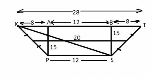 Given:  kpst is a trapezoid, kp=st, mn is a midsegment, mn=20, h=15, ps: kt=3: 7 find:  ks and kp