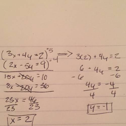 Solve the simultaneous equations 2x-5y=9 and 3x+4y=2