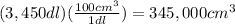 (3,450dl)(\frac{100cm^{3}}{1dl})=345,000cm^{3}