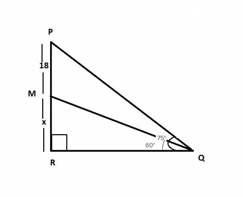 Given:  ∆pqr, m∠r = 90° m∠pqr = 75° m ∈ pr , mp = 18 m∠mqr = 60° find:  rq