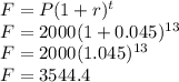 F=P(1+r)^t\\F=2000(1+0.045)^{13}\\F=2000(1.045)^{13}\\F=3544.4