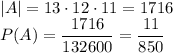|A|=13\cdot12\cdot11=1716\\P(A)=\dfrac{1716}{132600}=\dfrac{11}{850}