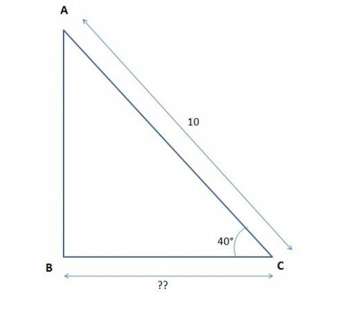 In a right triangle, angle c measures 40°. the hypotenuse of the triangle is 10 inches long. what is