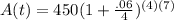 A(t)=450(1+\frac{.06}{4})^{(4)(7)}