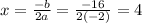 x= \frac{-b}{2a}= \frac{-16}{2(-2)} = 4
