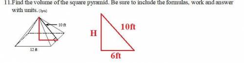 4. find the lateral area and surface area of the given prism. 11.find the volume of the square pyram