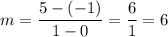 m=\dfrac{5-(-1)}{1-0}=\dfrac{6}{1}=6