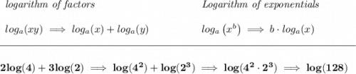 \bf \begin{array}{llll} \textit{logarithm of factors} \\\\ log_a(xy)\implies log_a(x)+log_a(y)\qquad \qquad \end{array} \begin{array}{llll} \textit{Logarithm of exponentials} \\\\ log_a\left( x^b \right)\implies b\cdot log_a(x) \end{array} \\\\[-0.35em] \rule{34em}{0.25pt}\\\\ 2log(4)+3log(2)\implies log(4^2)+log(2^3) \implies log(4^2\cdot 2^3)\implies log(128)