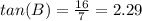tan(B)=\frac{16}{7}=2.29
