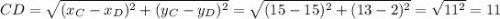 CD=\sqrt{(x_C-x_D)^2+(y_C-y_D)^2}=\sqrt{(15-15)^2+(13-2)^2}=\sqrt{11^2}=11