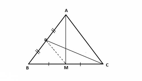 Am is a median in △abc (m∈ bc ). a line drawn through point m intersects ab at its midpoint p. find