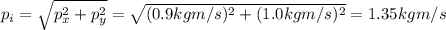 p_i=\sqrt{p_x^2 +p_y^2}=\sqrt{(0.9 kg m/s)^2+(1.0 kg m/s)^2}=1.35 kg m/s