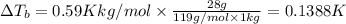 \Delta T_b=0.59 K kg/mol\times \frac{28g}{119g/mol\times 1kg}=0.1388 K