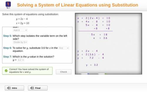 Solve this system of equation using substitution y=2x-4 x+2y=10