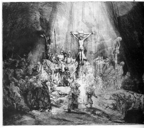 In rembrandt van rijnâs the three crosses, how did the artist create a darkening landscape as the ey