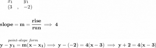 \bf \begin{array}{lllll}&#10;&x_1&y_1\\&#10;&({{ 3}}\quad ,&{{ -2}})&#10;\end{array}&#10;\\\\\\&#10;% slope  = m&#10;slope = {{ m}}= \cfrac{rise}{run} \implies 4&#10;\\\\\\&#10;% point-slope intercept&#10;\stackrel{\textit{point-slope form}}{y-{{ y_1}}={{ m}}(x-{{ x_1}})}\implies y-(-2)=4(x-3)\implies y+2=4(x-3)