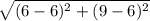 \sqrt{(6-6)^{2}+(9-6)^{2}}