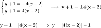\bf \begin{cases}&#10;y+1=-4(x-2)\\&#10;y+1=4(x-2)&#10;\end{cases}\implies y+1=\pm 4(x-2)&#10;\\\\\\&#10;y+1=|4(x-2)|\implies y=|4(x-2)|-1
