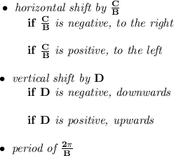 \bf \bullet \textit{ horizontal shift by }\frac{{{  C}}}{{{  B}}}\\&#10;\left. \qquad  \right. if\ \frac{{{  C}}}{{{  B}}}\textit{ is negative, to the right}\\\\&#10;\left. \qquad  \right.  if\ \frac{{{  C}}}{{{  B}}}\textit{ is positive, to the left}\\\\&#10;\bullet \textit{ vertical shift by }{{  D}}\\&#10;\left. \qquad  \right. if\ {{  D}}\textit{ is negative, downwards}\\\\&#10;\left. \qquad  \right. if\ {{  D}}\textit{ is positive, upwards}\\\\&#10;\bullet \textit{ period of }\frac{2\pi }{{{  B}}}