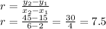 r=\frac{y_{2}-y_{1}  }{x_{2} -x_{1} }\\r=\frac{45-15}{6-2}=\frac{30}{4}=  7.5