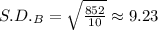 S.D._B=\sqrt{\frac{852}{10}}\approx 9.23