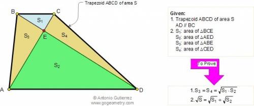 In trapezoid, two triangles are formed by the bases and the intersecting diagonal segments. the area
