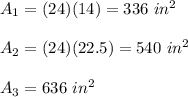 A_1=(24)(14)=336\ in^2\\\\A_2=(24)(22.5)=540\ in^2\\\\A_3=636\ in^2